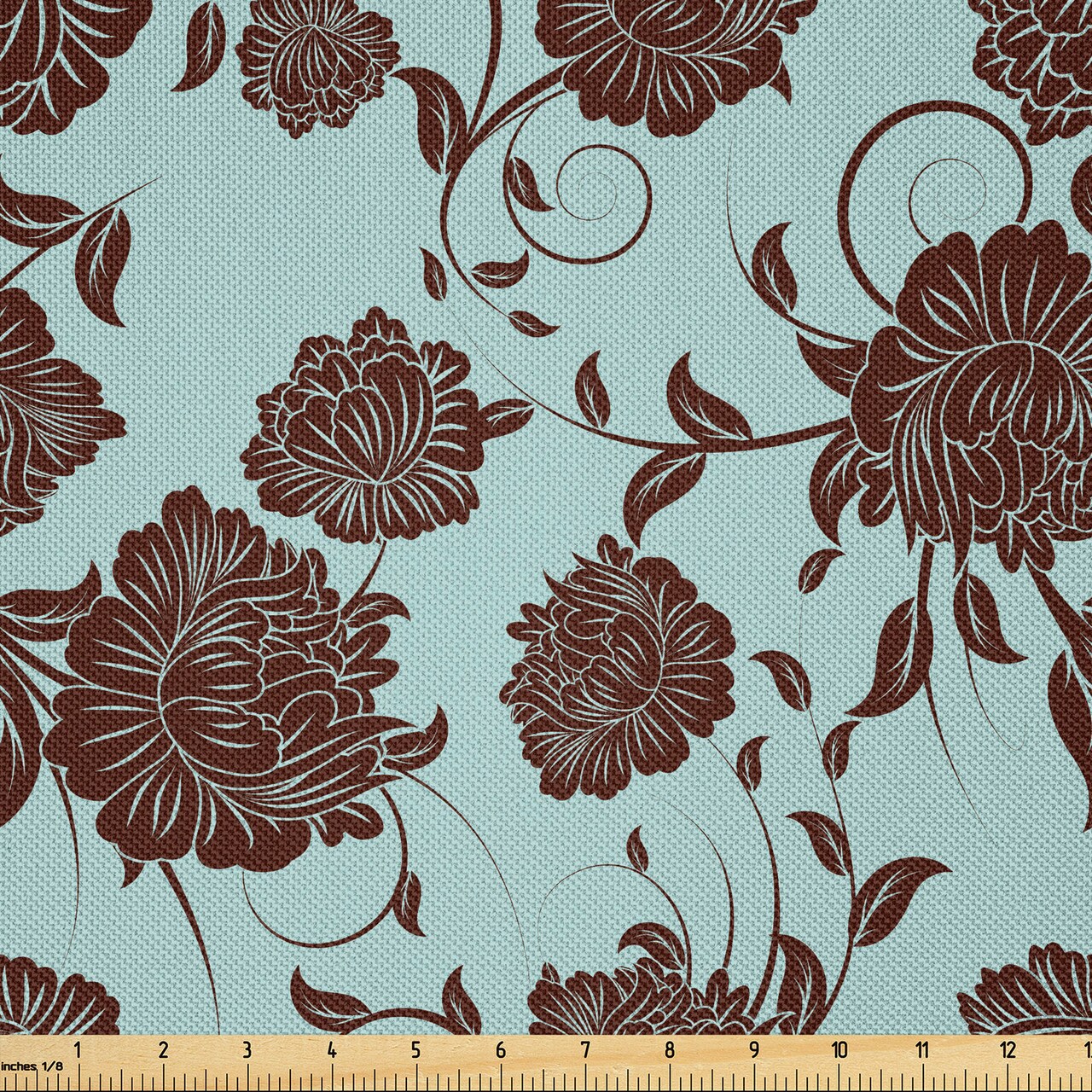 Ambesonne Floral Fabric by The Yard, Ornamental Flowers Design with Curvy Swirled Branches and Leaves Vintage Art, Decorative Satin Fabric for Home Textiles and Crafts, 3 Yards, Pale Blue Brown